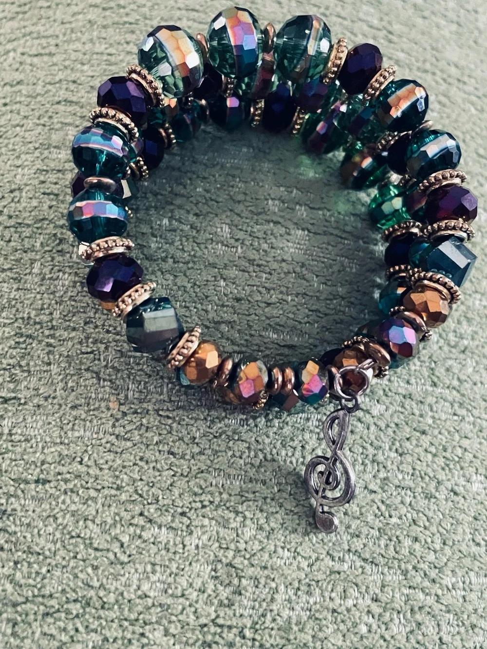 Iridized Green and Purple Beaded Bracelet with Treble Clef Charm Handcrafted